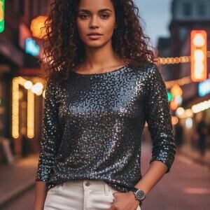 J. Crew Grey Sequin Top Tee Shirt 3/4 Sleeve Size Small NWT